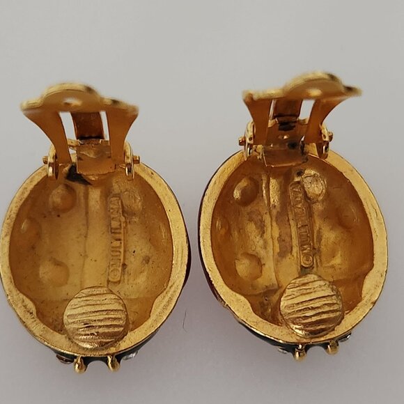 MULTILANA SIGNED VINTAGE LADY BUGS ENAMEL CLIP EAR RINGS WITH CLEAR RHINESTONES - Picture 6 of 8